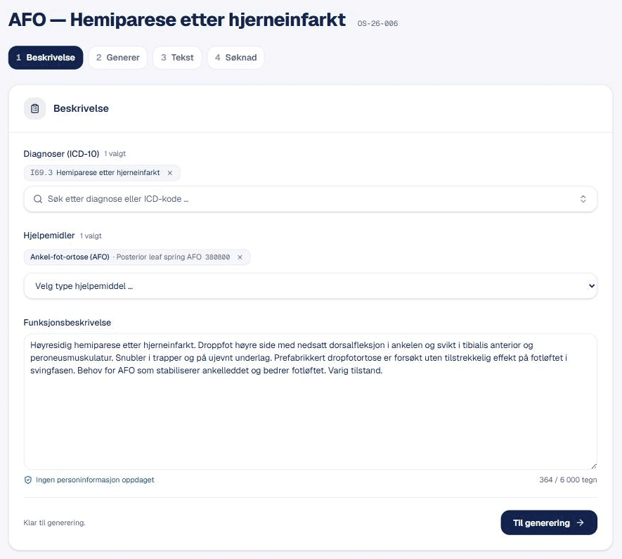 Steg 1 i saksflaten: diagnose, hjelpemiddel og funksjonsbeskrivelse fylt ut